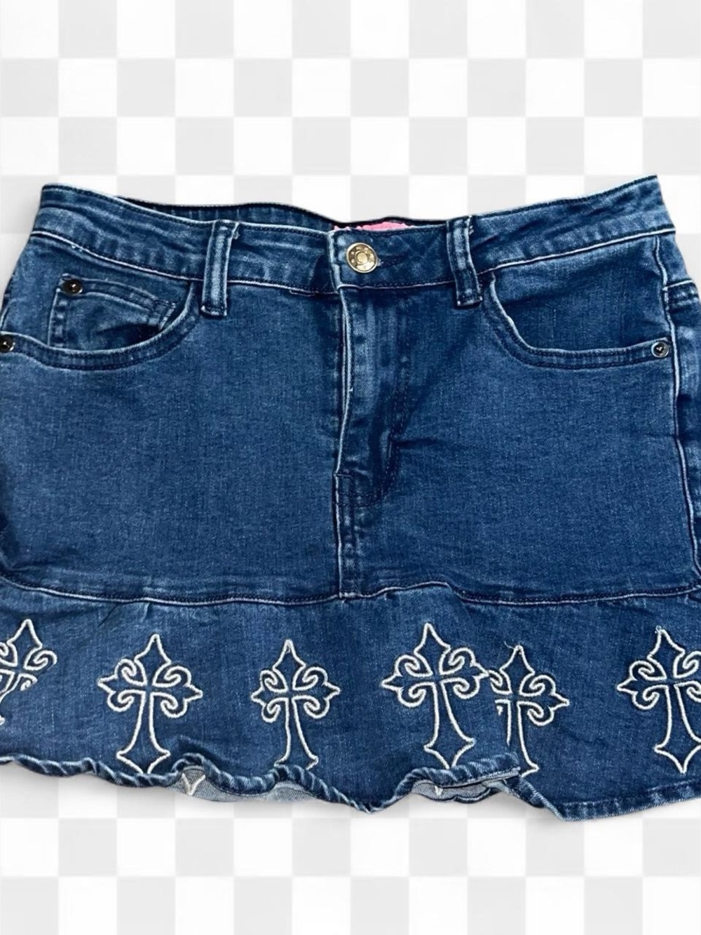 Denim Mini Skirt with Embroidered Cross Hem